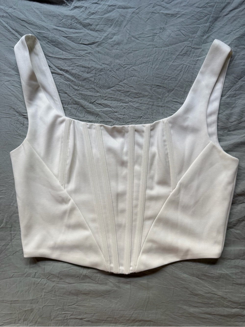 White Corset Crop Top Front Zip Boning Wide Strap